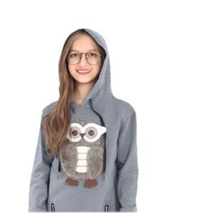 Ward Wolf Gray Owl Hoodie Girls'‎ Size 150 (M), 100% Cotton, Kangaroo Pocket